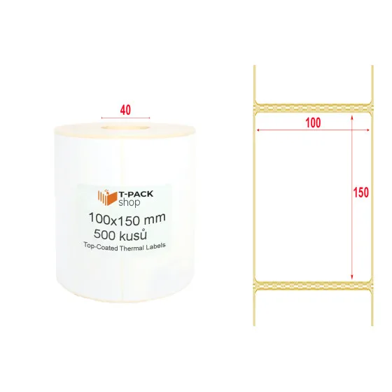 Termo etikety 100x150 mm, bílé s povlakem, s perforací, 500 ks, dutinka 25 mm